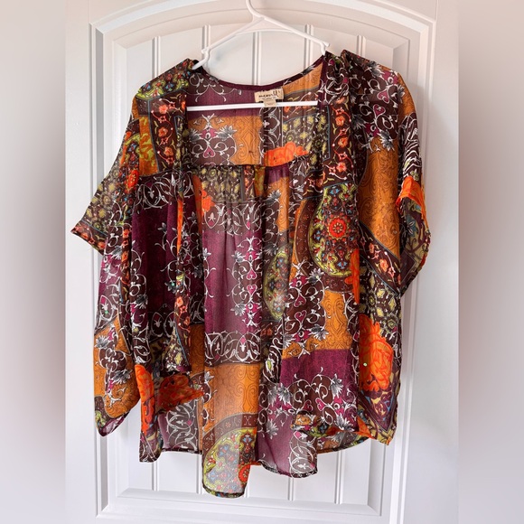 ONE WORLD Tops - ONE WORLD Multicolor Kimono Boho Rave Festival Flowy Blouse Tunic Drape Sleeve L